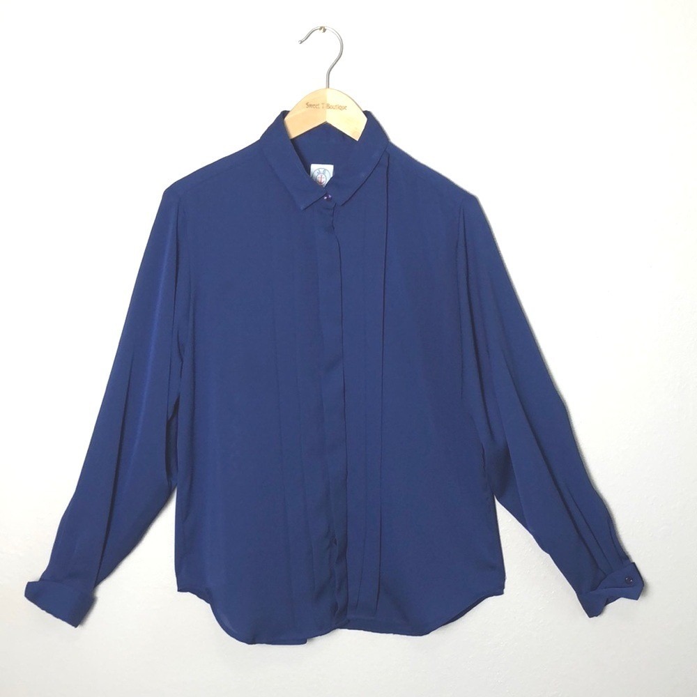 J. G. HOOK Women Size‎ 14 Dark Blue Pleated Front Long Sleeve Button Up Blouse